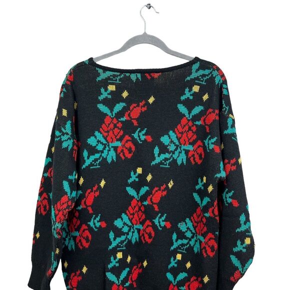 Cambridge Dry Goods Lambswool Blend Sweater Black Floral Round Neck Women Size L - Picture 5 of 5
